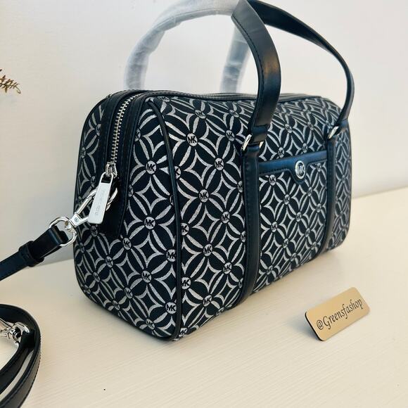 Michael Kors Purse MD. Duffle Metallic Logo Jacquard  Crossbody Bag Black - Picture 3 of 9